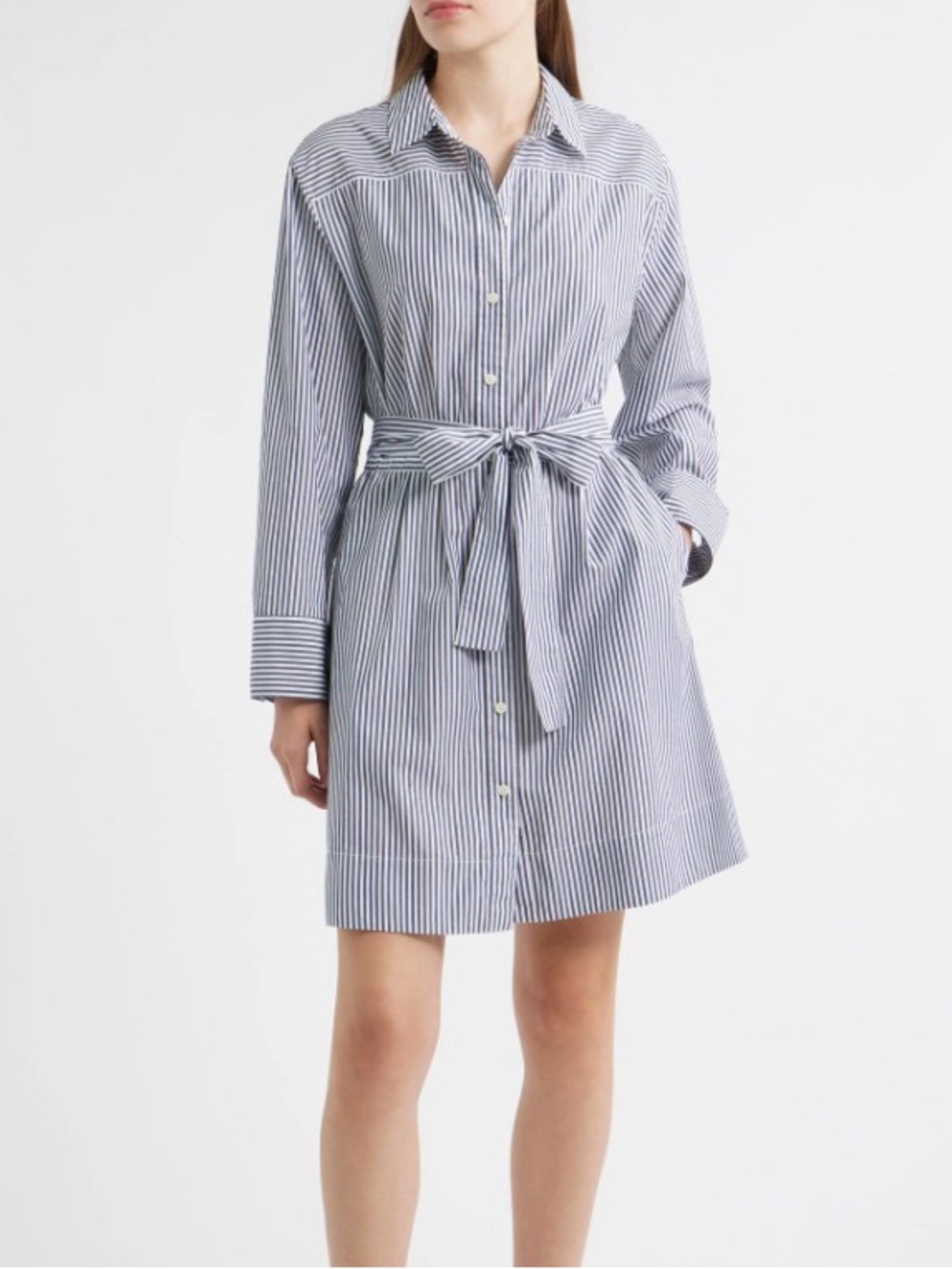 Alex Mill Naomi Navy and White Cotton Striped Shirt Dress with Tie Waist, Medium